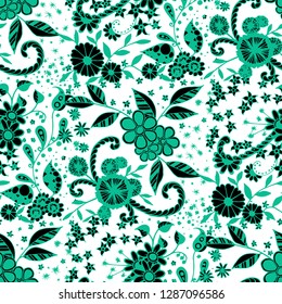 Seamless Pattern with Little Flowers in Country Style. Spring Floral Texture with Hand Drawn Doodle Blossoms, Leaves and Buds. Small Natural Rapport for Chintz, Linen, Calico. Vector Zentangle.
