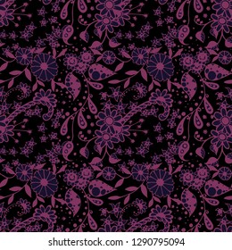 Seamless Pattern with Little Flowers in Country Style. Summer Floral Texture with Hand Drawn Doodle Blossoms, Leaves and Buds. Small Natural Rapport for Chintz, Cotton, Calico. Vector Zentangle.