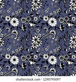 Seamless Pattern with Little Flowers in Country Style. Summer Floral Texture with Hand Drawn Doodle Blossoms, Leaves and Buds. Small Natural Rapport for Chintz, Linen, Calico. Vector Zentangle.