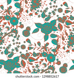 Seamless Pattern with Little Flowers in Country Style. Summer Floral Texture with Hand Drawn Doodle Blossoms, Leaves and Buds. Small Natural Rapport for Chintz, Cotton, Calico. Vector.