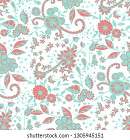 Seamless Pattern with Little Flowers in Country Style. Autumn Floral Texture with Hand Drawn Doodle Blossoms, Leaves and Buds. Small Natural Rapport for Chintz, Cotton, Calico. Vector Zentangle.