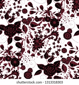 Seamless Pattern with Little Flowers in Country Style. Summer Floral Texture with Hand Drawn Doodle Blossoms, Leaves and Buds. Small Natural Rapport for Print, Cotton, Calico. Vector.