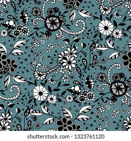 Seamless Pattern with Little Flowers in Country Style. Spring Floral Texture with Hand Drawn Doodle Blossoms, Leaves and Buds. Small Natural Rapport for Dress, Print, Cotton. Vector Zentangle.