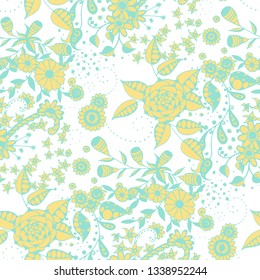 Seamless Pattern with Little Flowers in Country Style. Autumn Floral Texture with Hand Drawn Doodle Blossoms, Leaves and Buds. Small Natural Rapport for Dress, Print, Cotton. Vector.