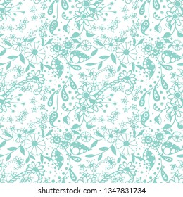 Seamless Pattern with Little Flowers in Country Style. Summer Floral Texture with Hand Drawn Doodle Blossoms, Leaves and Buds. Small Natural Rapport for Dress, Print, Paper. Vector Zentangle.