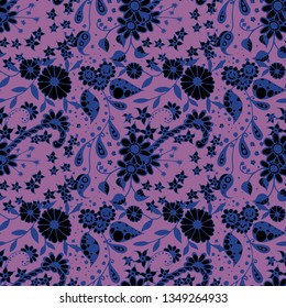 Seamless Pattern with Little Flowers in Country Style. Summer Floral Texture with Hand Drawn Doodle Blossoms, Leaves and Buds. Small Natural Rapport for Fabric, Cloth, Paper. Vector Zentangle.