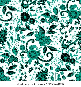 Seamless Pattern with Little Flowers in Country Style. Autumn Floral Texture with Hand Drawn Doodle Blossoms, Leaves and Buds. Small Natural Rapport for Chintz, Cotton, Calico. Vector Zentangle.