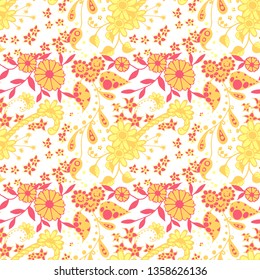 Seamless Pattern with Little Flowers in Country Style. Summer Floral Texture with Hand Drawn Doodle Blossoms, Leaves and Buds. Small Natural Rapport for Dress, Print, Cotton. Vector Zentangle.