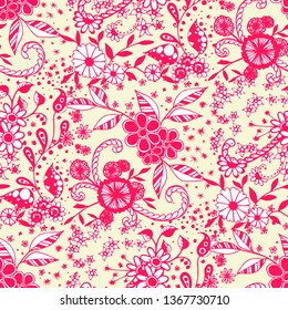 Seamless Pattern with Little Flowers in Country Style. Autumn Floral Texture with Hand Drawn Doodle Blossoms, Leaves and Buds. Small Natural Rapport for Chintz, Cotton, Calico. Vector Zentangle.