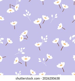 Patrón sin foco con flores pequeñas y hojas en la ilustración del vector de fondo púrpura. Impresión floral. 