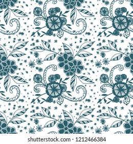 Seamless Pattern with Little Flowers in Liberty Style. Autumn Floral Texture with Hand Drawn Doodles. Small Natural Rapport for Fabric, Linen, Textile. Vector Seamless Background with Wild Flowers.