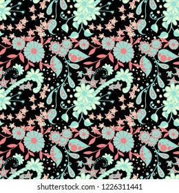 Seamless Pattern with Little Flowers in Liberty Style. Summer Floral Texture with Hand Drawn Doodle Blossoms, Leaves and Buds. Small Natural Rapport for Fabric, Linen, Textile. Vector Zentangle.