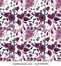 Seamless Pattern with Little Flowers in Liberty Style. Summer Floral Texture with Hand Drawn Doodle Blossoms, Leaves and Buds. Small Natural Rapport for Dress, Cloth, Paper. Vector Zentangle.