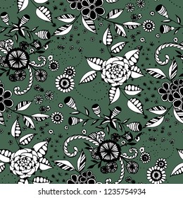 Seamless Pattern with Little Flowers in Liberty Style. Spring Floral Texture with Hand Drawn Doodle Blossoms, Leaves and Buds. Small Natural Rapport for Dress, Cloth, Paper. Vector.