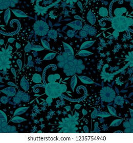 Seamless Pattern with Little Flowers in Liberty Style. Spring Floral Texture with Hand Drawn Doodle Blossoms, Leaves and Buds. Small Natural Rapport for Dress, Print, Cotton. Vector Zentangle.