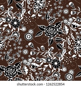 Seamless Pattern with Little Flowers in Liberty Style. Spring Floral Texture with Hand Drawn Doodle Blossoms, Leaves and Buds. Small Natural Rapport for Print, Cotton, Calico. Vector.