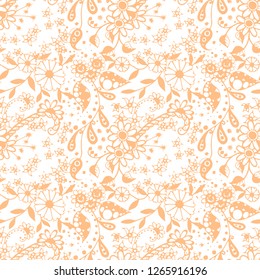 Seamless Pattern with Little Flowers in Liberty Style. Summer Floral Texture with Hand Drawn Doodle Blossoms, Leaves and Buds. Small Natural Rapport for Dress, Print, Cotton. Vector Zentangle.