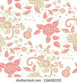 Seamless Pattern with Little Flowers in Liberty Style. Spring Floral Texture with Hand Drawn Doodle Blossoms, Leaves and Buds. Small Natural Rapport for Chintz, Linen, Calico. Vector.