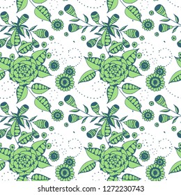 Seamless Pattern with Little Flowers in Liberty Style. Summer Floral Texture with Hand Drawn Doodle Blossoms, Leaves and Buds. Small Natural Rapport for Chintz, Linen, Textile. Vector.