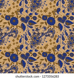 Seamless Pattern with Little Flowers in Liberty Style. Spring Floral Texture with Hand Drawn Doodle Blossoms, Leaves and Buds. Small Natural Rapport for Chintz, Linen, Calico. Vector Zentangle.