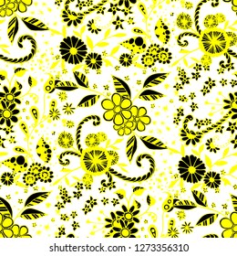 Seamless Pattern with Little Flowers in Liberty Style. Autumn Floral Texture with Hand Drawn Doodle Blossoms, Leaves and Buds. Small Natural Rapport for Fabric, Linen, Textile. Vector Zentangle.