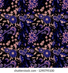 Seamless Pattern with Little Flowers in Liberty Style. Autumn Floral Texture with Hand Drawn Doodle Blossoms, Leaves and Buds. Small Natural Rapport for Chintz, Cotton, Calico. Vector Zentangle.
