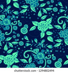 Seamless Pattern with Little Flowers in Liberty Style. Summer Floral Texture with Hand Drawn Doodle Blossoms, Leaves and Buds. Small Natural Rapport for Fabric, Linen, Textile. Vector.