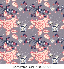 Seamless Pattern with Little Flowers in Liberty Style. Spring Floral Texture with Hand Drawn Doodle Blossoms, Leaves and Buds. Small Natural Rapport for Fabric, Linen, Textile. Vector.