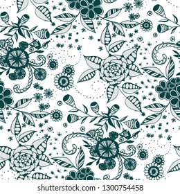 Seamless Pattern with Little Flowers in Liberty Style. Spring Floral Texture with Hand Drawn Doodle Blossoms, Leaves and Buds. Small Natural Rapport for Chintz, Linen, Textile. Vector.