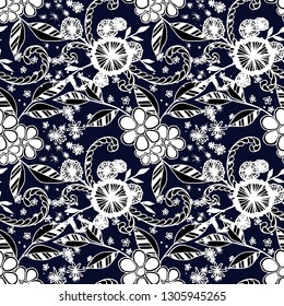 Seamless Pattern with Little Flowers in Liberty Style. Spring Floral Texture with Hand Drawn Doodles. Small Natural Rapport for Dress, Print, Cotton. Vector Seamless Background with Wild Flowers.