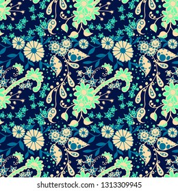 Seamless Pattern with Little Flowers in Liberty Style. Autumn Floral Texture with Hand Drawn Doodle Blossoms, Leaves and Buds. Small Natural Rapport for Dress, Cloth, Paper. Vector Zentangle.