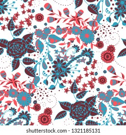 Seamless Pattern with Little Flowers in Liberty Style. Summer Floral Texture with Hand Drawn Doodle Blossoms, Leaves and Buds. Small Natural Rapport for Chintz, Linen, Calico. Vector.