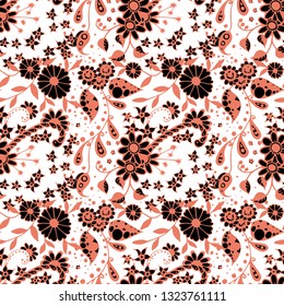 Seamless Pattern with Little Flowers in Liberty Style. Autumn Floral Texture with Hand Drawn Doodle Blossoms, Leaves and Buds. Small Natural Rapport for Dress, Print, Paper. Vector Zentangle.