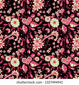Seamless Pattern with Little Flowers in Liberty Style. Spring Floral Texture with Hand Drawn Doodle Blossoms, Leaves and Buds. Small Natural Rapport for Dress, Print, Paper. Vector Zentangle.