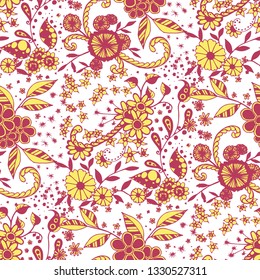 Seamless Pattern with Little Flowers in Liberty Style. Summer Floral Texture with Hand Drawn Doodle Blossoms, Leaves and Buds. Small Natural Rapport for Chintz, Cotton, Calico. Vector Zentangle.
