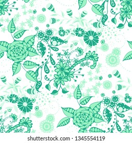 Seamless Pattern with Little Flowers in Liberty Style. Autumn Floral Texture with Hand Drawn Doodle Blossoms, Leaves and Buds. Small Natural Rapport for Chintz, Cotton, Calico. Vector.