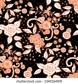 Seamless Pattern with Little Flowers in Liberty Style. Summer Floral Texture with Hand Drawn Doodle Blossoms, Leaves and Buds. Small Natural Rapport for Print, Cotton, Calico. Vector.