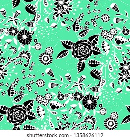 Seamless Pattern with Little Flowers in Liberty Style. Spring Floral Texture with Hand Drawn Doodle Blossoms, Leaves and Buds. Small Natural Rapport for Fabric, Cloth, Paper. Vector.