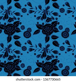 Seamless Pattern with Little Flowers in Liberty Style. Spring Floral Texture with Hand Drawn Doodle Blossoms, Leaves and Buds. Small Natural Rapport for Dress, Print, Cotton. Vector.