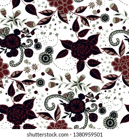 Seamless Pattern with Little Flowers in Liberty Style. Spring Floral Texture with Hand Drawn Doodle Blossoms, Leaves and Buds. Small Natural Rapport for Chintz, Linen, Textile. Vector.
