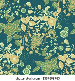 Seamless Pattern with Little Flowers in Liberty Style. Autumn Floral Texture with Hand Drawn Doodle Blossoms, Leaves and Buds. Small Natural Rapport for Dress, Cloth, Paper. Vector.