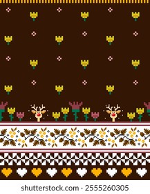 Seamless pattern little flowers on brown background reindeer, heart, flower garden, cute for print, fabric, yellow flowers, pink flower, little thing, child, spring, fresh, happy, born, cover decorate