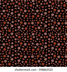 Seamless pattern with little flowers in orange, gray and brown colors. Vector hand painted flowers on a black background.