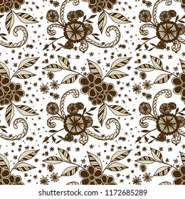 Seamless Pattern with Little Flowers in Rustic Style. Spring Floral Texture with Hand Drawn Doodles. Small Natural Rapport for Dress, Print, Cotton. Vector Seamless Background with Wild Flowers.