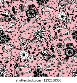Seamless Pattern with Little Flowers in Rustic Style. Autumn Floral Texture with Hand Drawn Doodle Blossoms, Leaves and Buds. Small Natural Rapport for Fabric, Linen, Textile. Vector Zentangle.