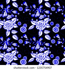 Seamless Pattern with Little Flowers in Rustic Style. Spring Floral Texture with Hand Drawn Doodle Blossoms, Leaves and Buds. Small Natural Rapport for Chintz, Cotton, Calico. Vector.