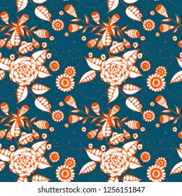 Seamless Pattern with Little Flowers in Rustic Style. Spring Floral Texture with Hand Drawn Doodle Blossoms, Leaves and Buds. Small Natural Rapport for Dress, Print, Paper. Vector.