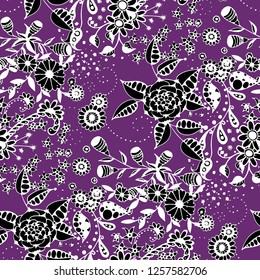 Seamless Pattern with Little Flowers in Rustic Style. Spring Floral Texture with Hand Drawn Doodle Blossoms, Leaves and Buds. Small Natural Rapport for Chintz, Cotton, Calico. Vector.