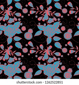 Seamless Pattern with Little Flowers in Rustic Style. Spring Floral Texture with Hand Drawn Doodle Blossoms, Leaves and Buds. Small Natural Rapport for Dress, Cloth, Paper. Vector.