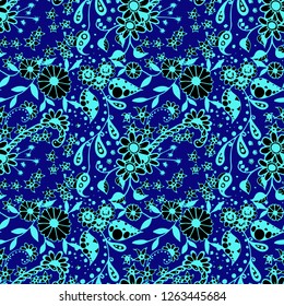 Seamless Pattern with Little Flowers in Rustic Style. Summer Floral Texture with Hand Drawn Doodle Blossoms, Leaves and Buds. Small Natural Rapport for Fabric, Cloth, Textile. Vector Zentangle.